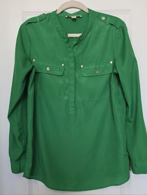 Michael Kors Green Blouse Gold Button Utility Top Size M